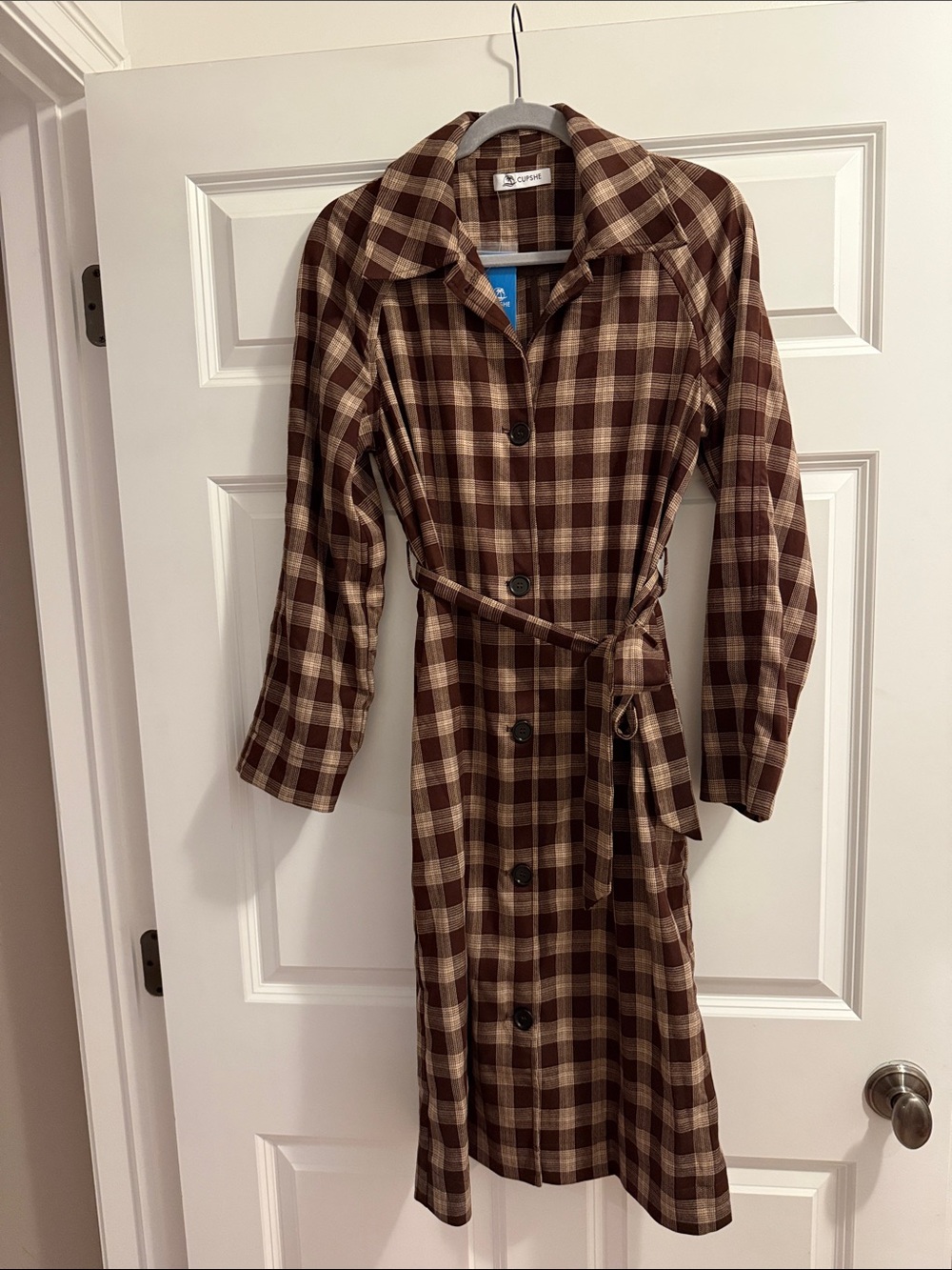 Cupshe Brown Plaid Midi Shirt Dress with Waist Tie